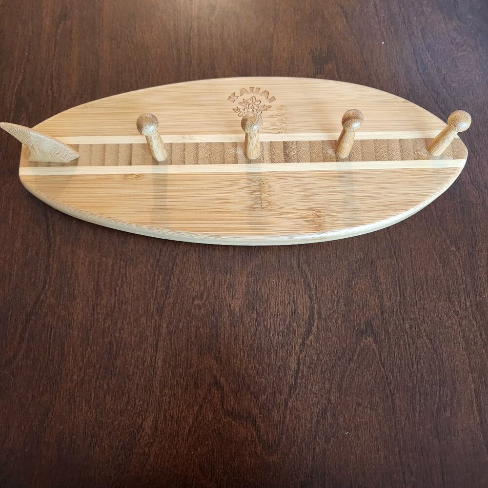 Key Holder Hook Rack Kauai Surfboard Bamboo with 4 Knobs 11 inches long